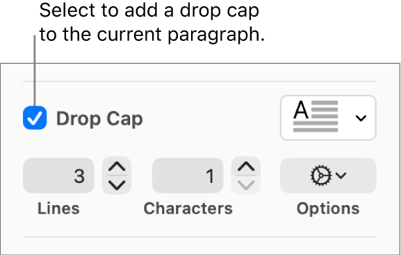 The Drop Cap tickbox is selected, and a pop-up menu appears to its right; controls for setting the line height, number of characters and other options appear below it.