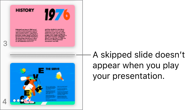 The slide navigator with a skipped slide showing as a horizontal line.
