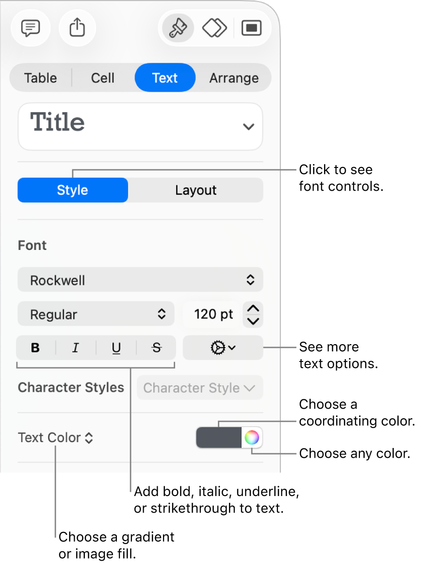 The controls for styling table text.