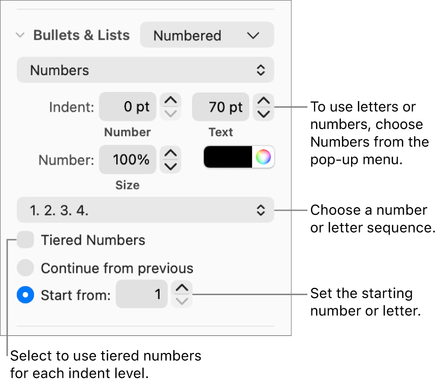 Controls for changing the number style and spacing of a list.