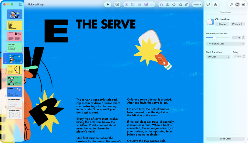 The Keynote window with a slide selected in the slide navigator on the left side of the screen. The Transitions controls appear in the Animate sidebar is open on the right side of the screen.