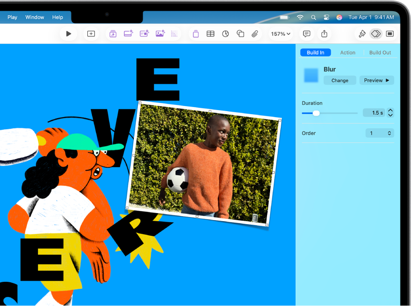 The Animation controls for adding animation to the selected image. Build In, Action, and Build Out buttons are across the top of the sidebar. Build In is selected and shows controls for the Drift and Scale effect.