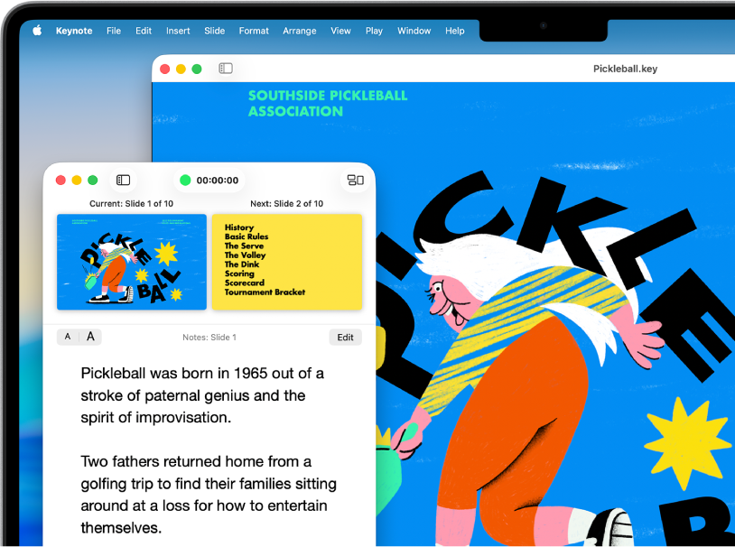 A presentation playing in windowed playback mode. The presenter display appears in one window, while the current slide plays in another.