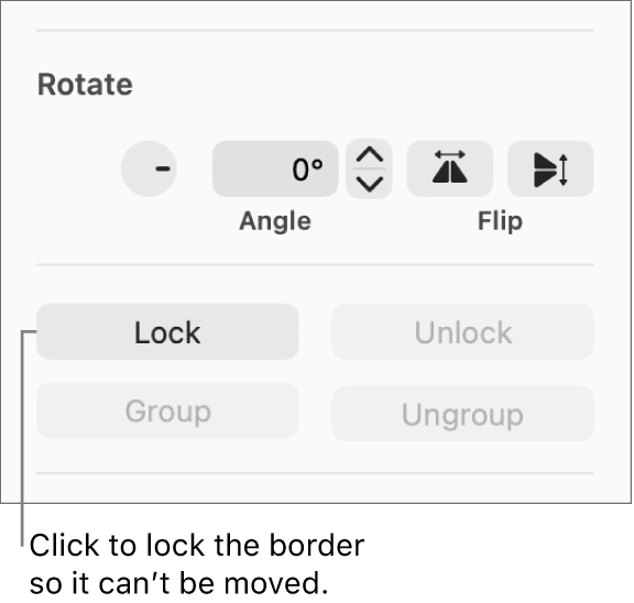 The Rotate, Lock, and Group object controls with the Lock button called out.