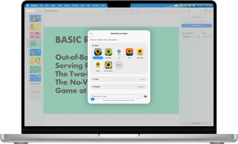 The Generate an Image dialog showing options for generating an image from a text description.