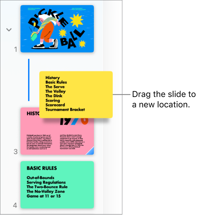 The slide navigator showing a reordered slide thumbnail with a line on the left.