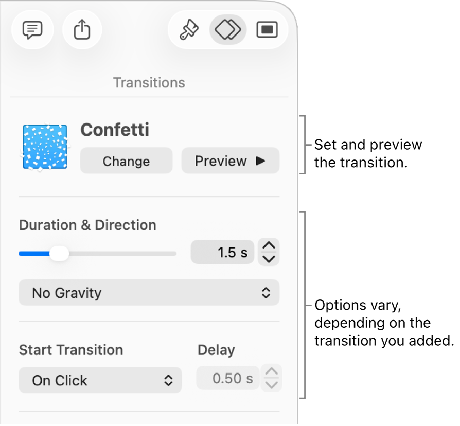 Transition controls in Transitions section of the sidebar.
