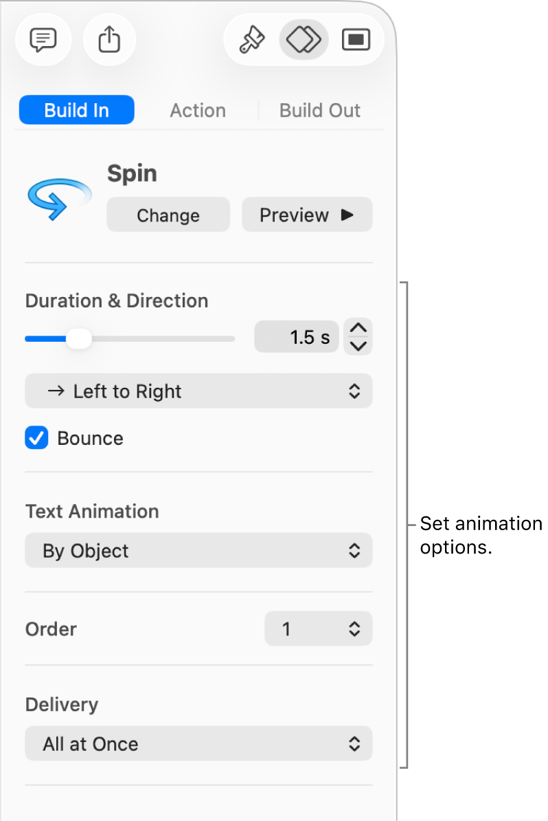 Build In options in the Animate section of the sidebar.