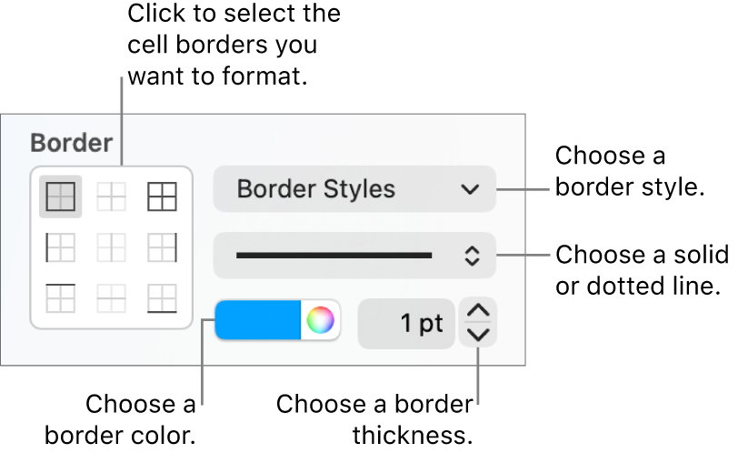 The Sidebar controls for changing the look of cell borders.