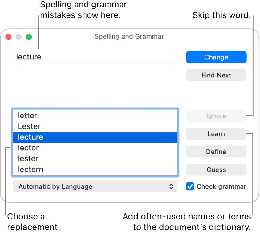 The Spelling and Grammar window.