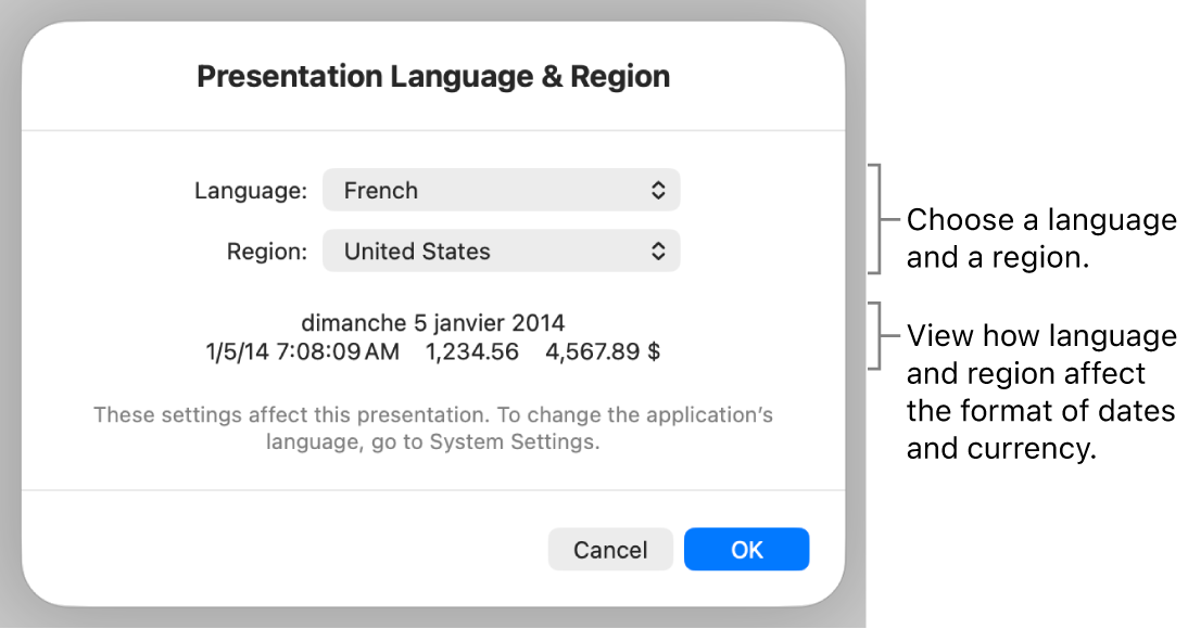 Language & Region pane with controls for language and region, and a format example including date, time, decimal, and currency.