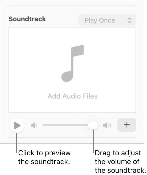 The Soundtrack controls with the Play button and volume slider called out.