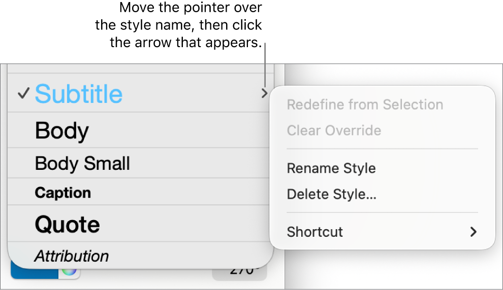 The Paragraph Styles menu with the shortcut menu open.