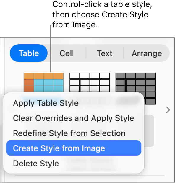 The table style shortcut menu.