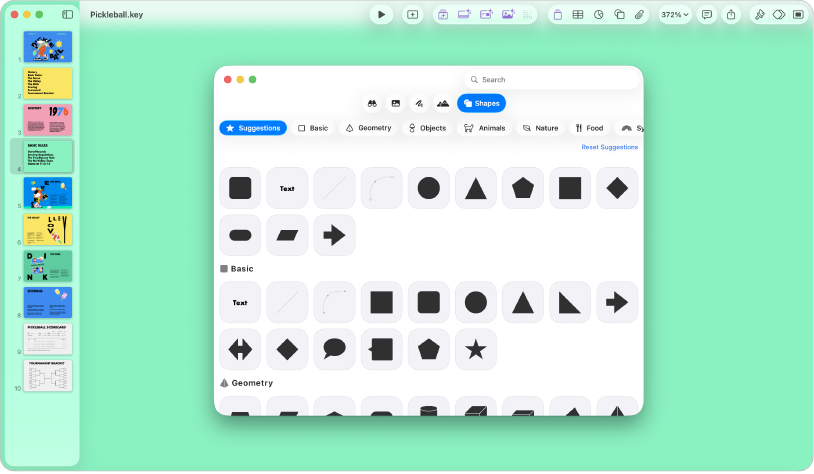 The Keynote window with the Shape menu opened from the toolbar.