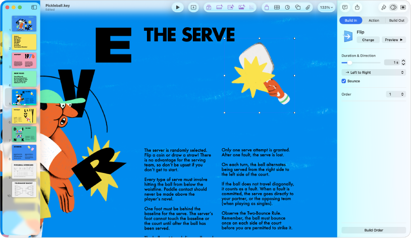 The Keynote window with a dashed line selected on the slide. The Animate sidebar with the Build In animation controls is showing on the right.