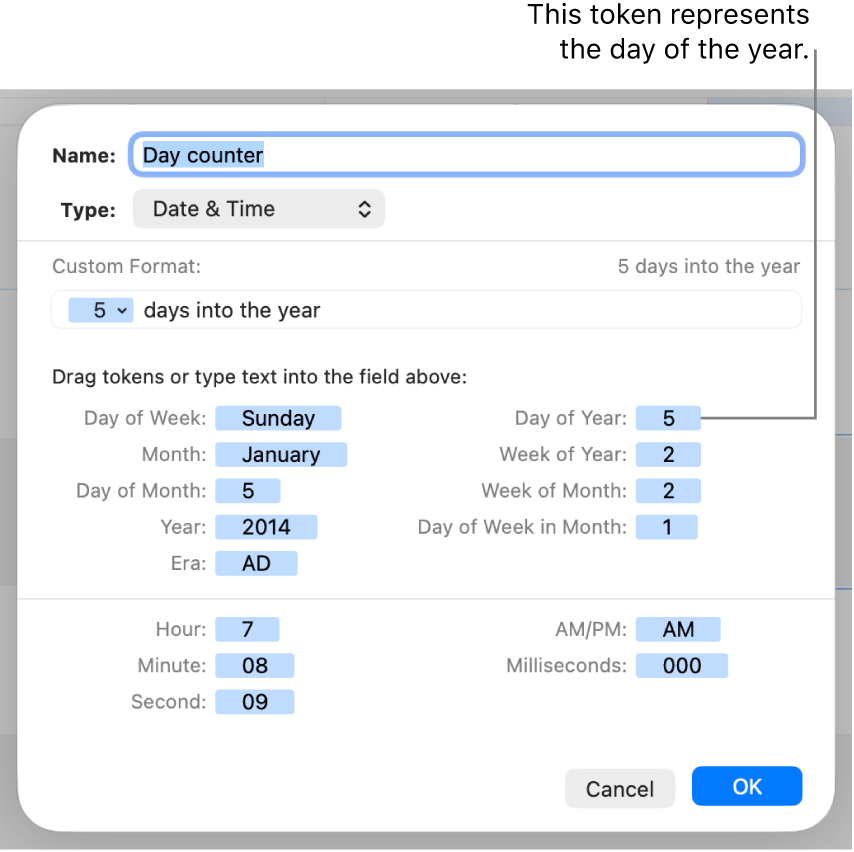 The custom cell format window with controls for creating a custom date and time format.