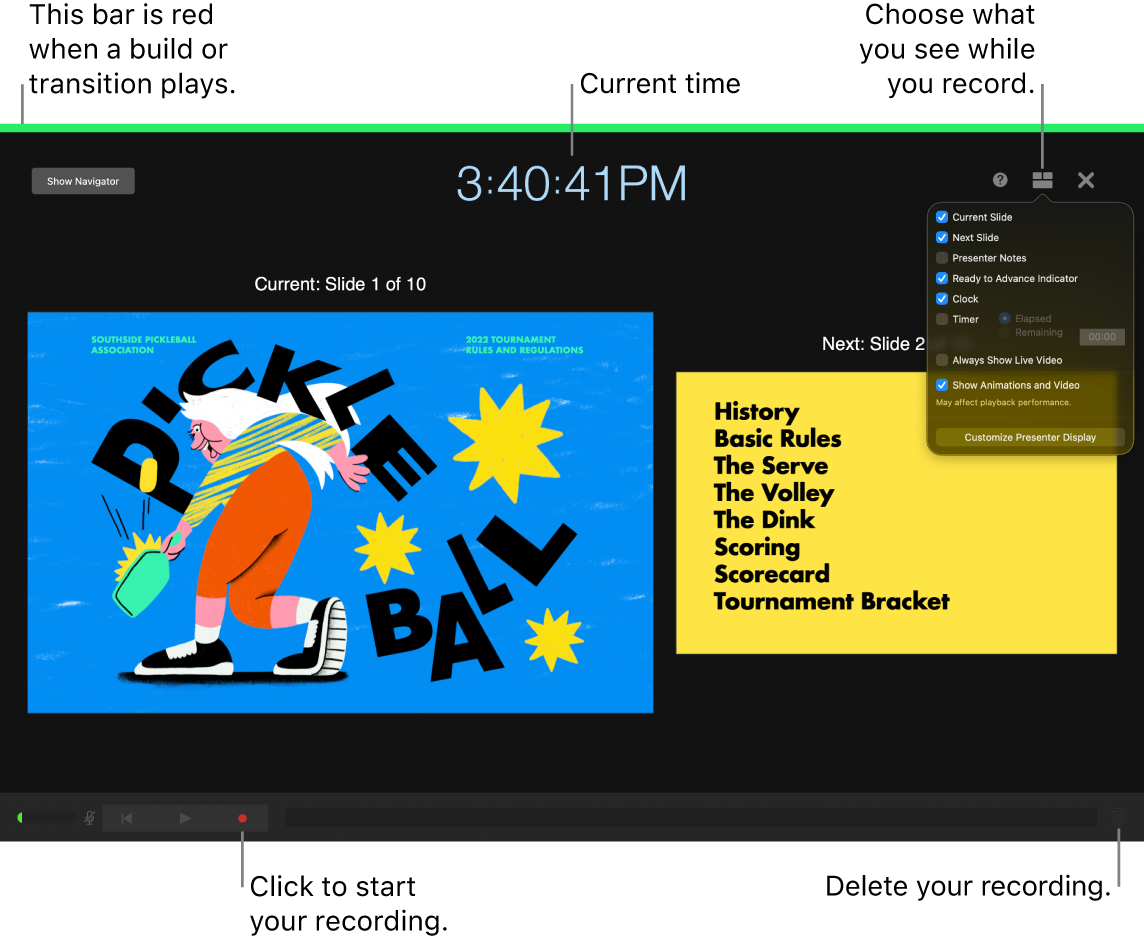 Screenshot of voice recording mode on the presenter display. The current and next slide, the current time, and the presenter display controls are visible. The control to start and end the recording and the control to delete the recording appear near the bottom of the display.