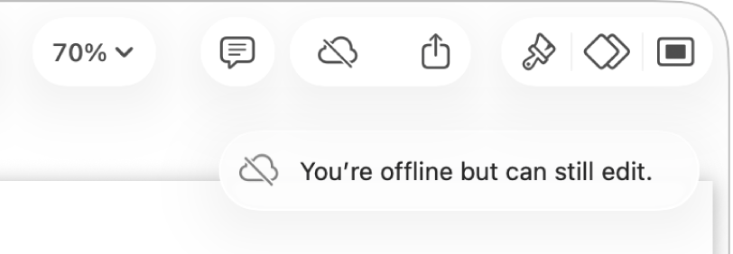 The buttons at the top of the screen, with the Collaboration button changed to a cloud with a diagonal line through it. An alert on the screen says “You’re offline but can still edit.”