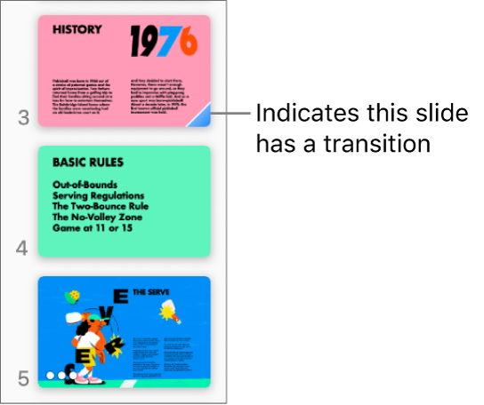 A blue triangle on a slide indicates the slide has a transition.