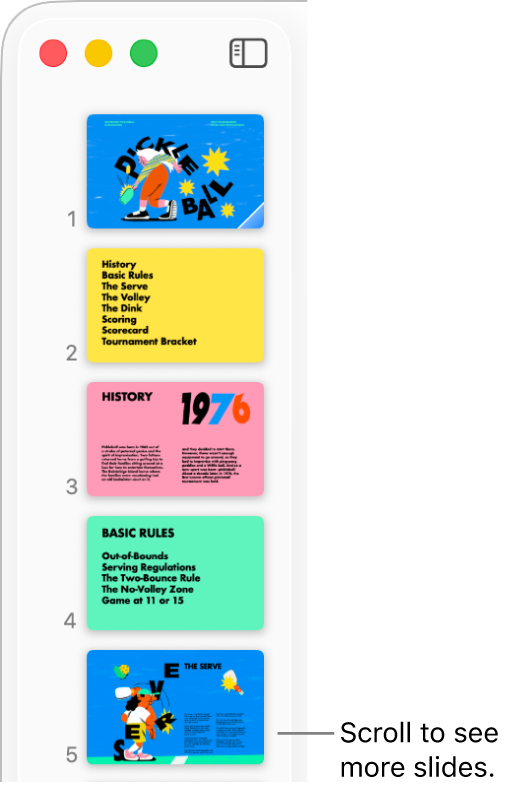 The slide navigator depicting five slides vertically in sequential order, with the option to scroll down to view more slides.