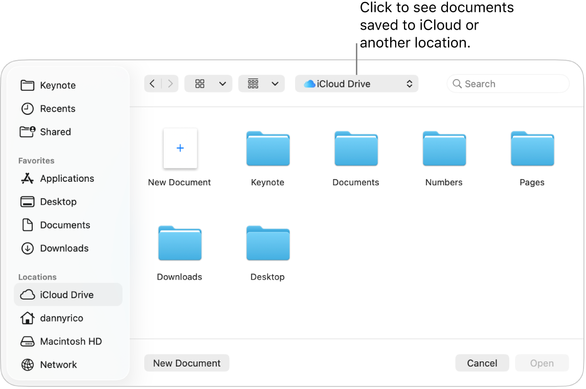The Open dialog with the sidebar open on the left and iCloud Drive selected in the pop-up menu at the top. Folders for Keynote, Numbers, and Pages appear in the dialog, along with a New Document button.