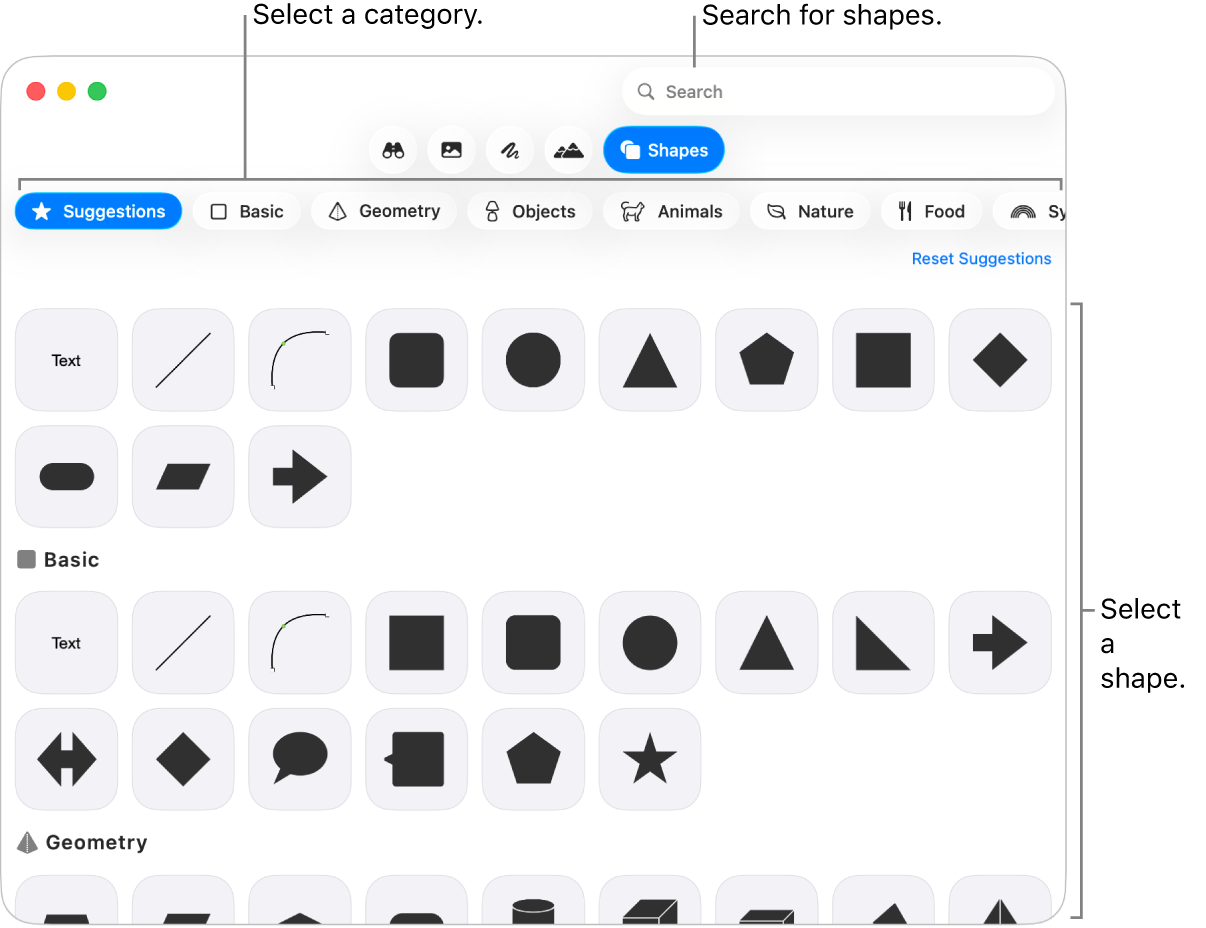 The shapes library, with categories listed on the left and shapes displayed on the right. You can use the search field at the top to find shapes and scroll to see more.