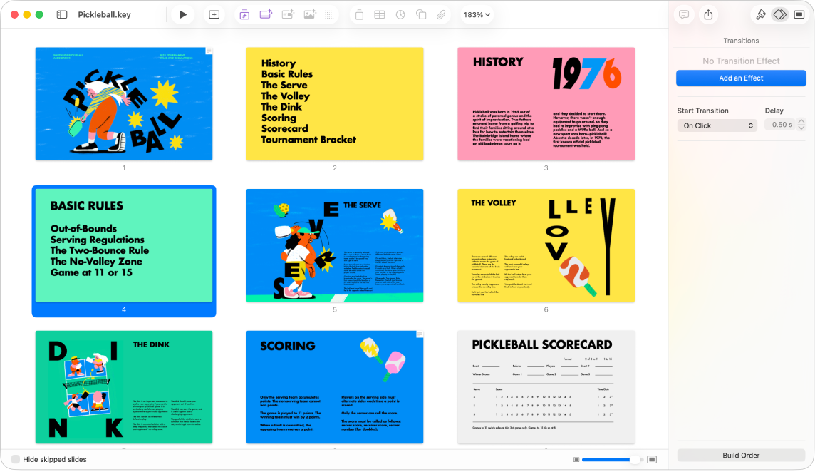 Light table view displaying nine slides horizontally in two rows, with options to change the theme’s appearance in the Format sidebar on the right side of the screen.
