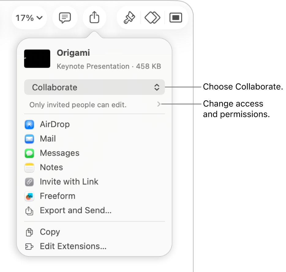 The Share menu with Collaborate selected at the top, and access and permission settings underneath.