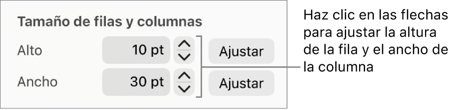 Los controles para ajustar un tamaño de fila o columna preciso.