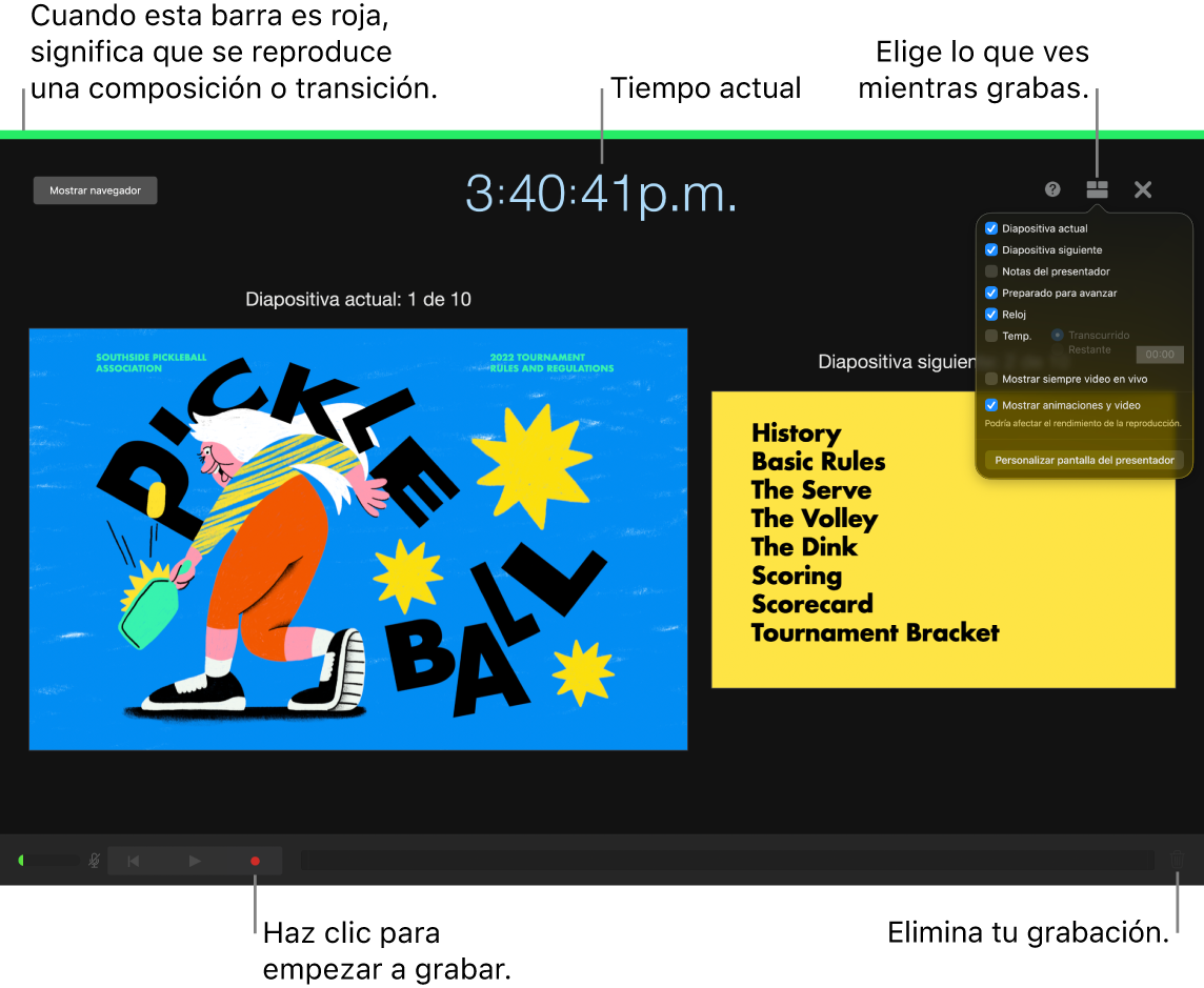 Captura de pantalla del modo de grabación de video en la pantalla del presentador. Están visibles la diapositiva actual y siguiente, la hora actual y los controles de visualización del presentador. El control para iniciar y detener la grabación y el control para eliminar la grabación aparecen cerca de la parte inferior de la pantalla.