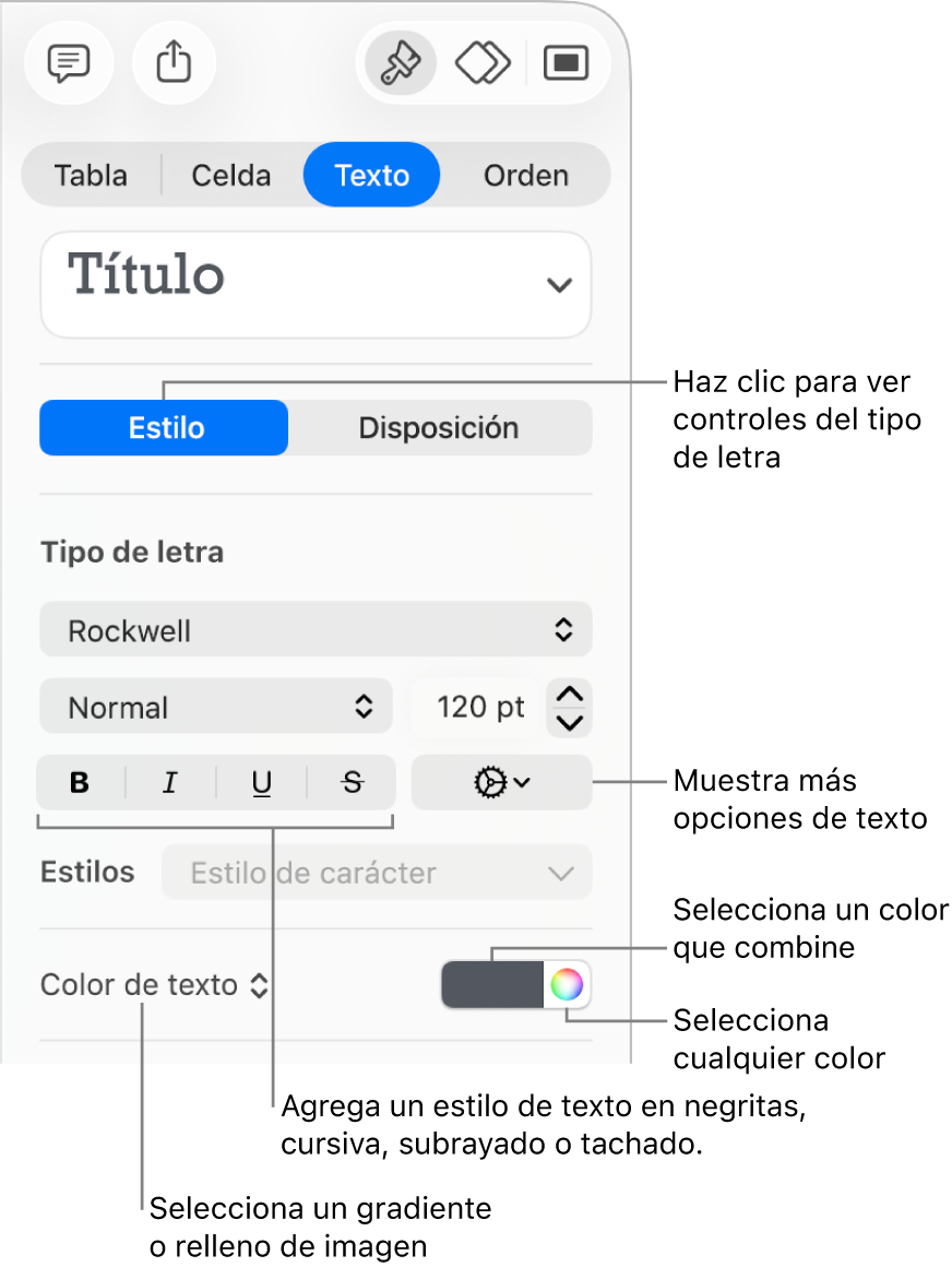 Los controles para aplicar un estilo a texto de la tabla.
