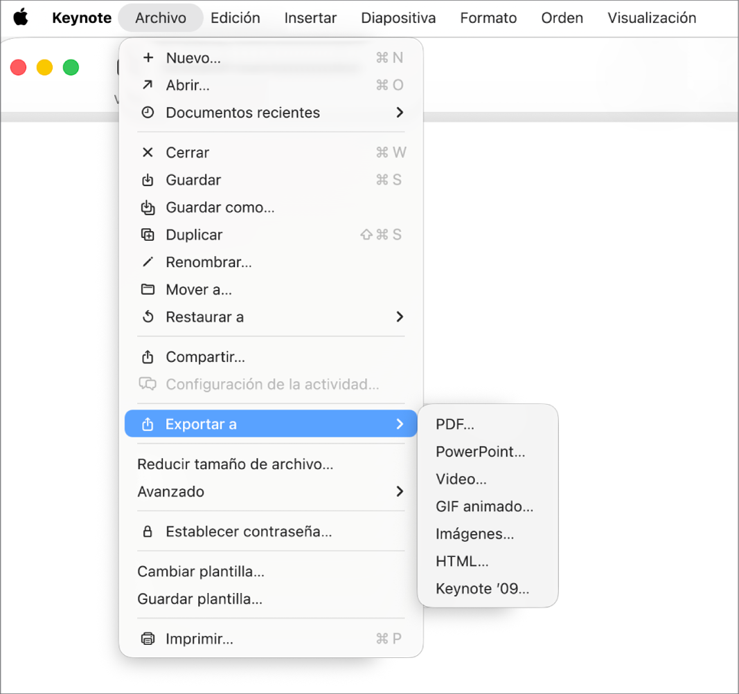 El menú Archivo abierto con la opción Exportar a seleccionada y con su submenú, donde se muestran las opciones de exportación, como PDF, PowerPoint y Video.
