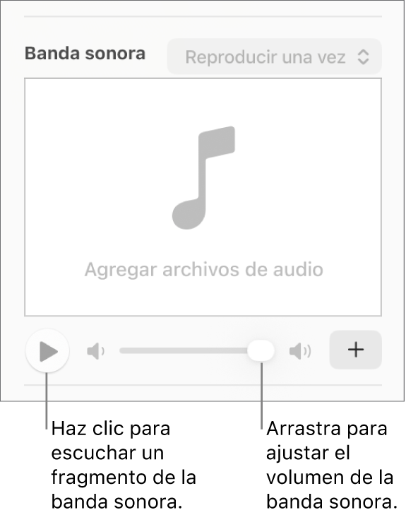 Los controles Banda sonora con mensajes en el botón Reproducir y en el regulador de volumen.