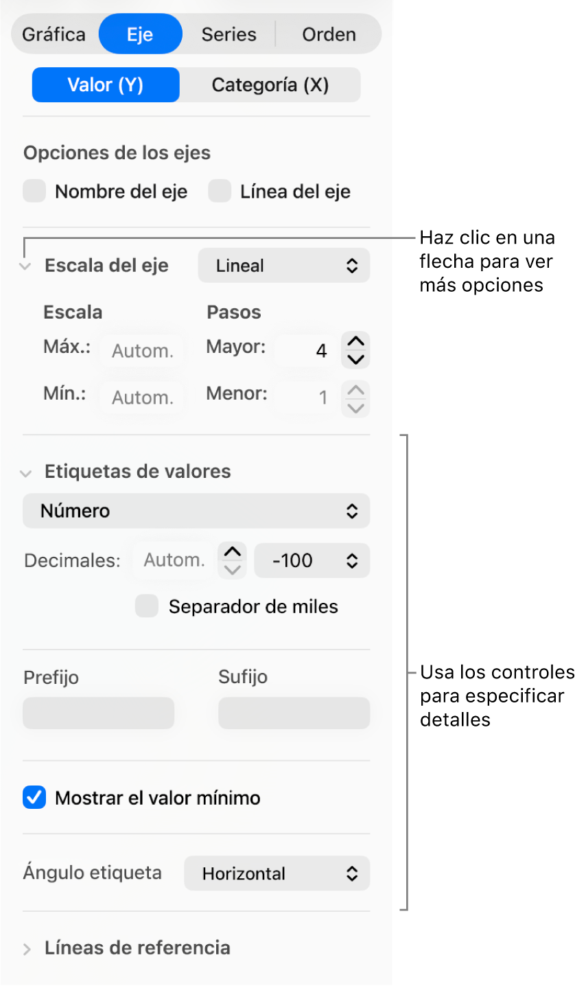 Controles para dar formato a las marcas de eje de una gráfica.