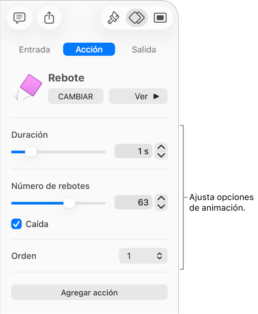Controles de Acción en la sección Animación de la barra lateral.