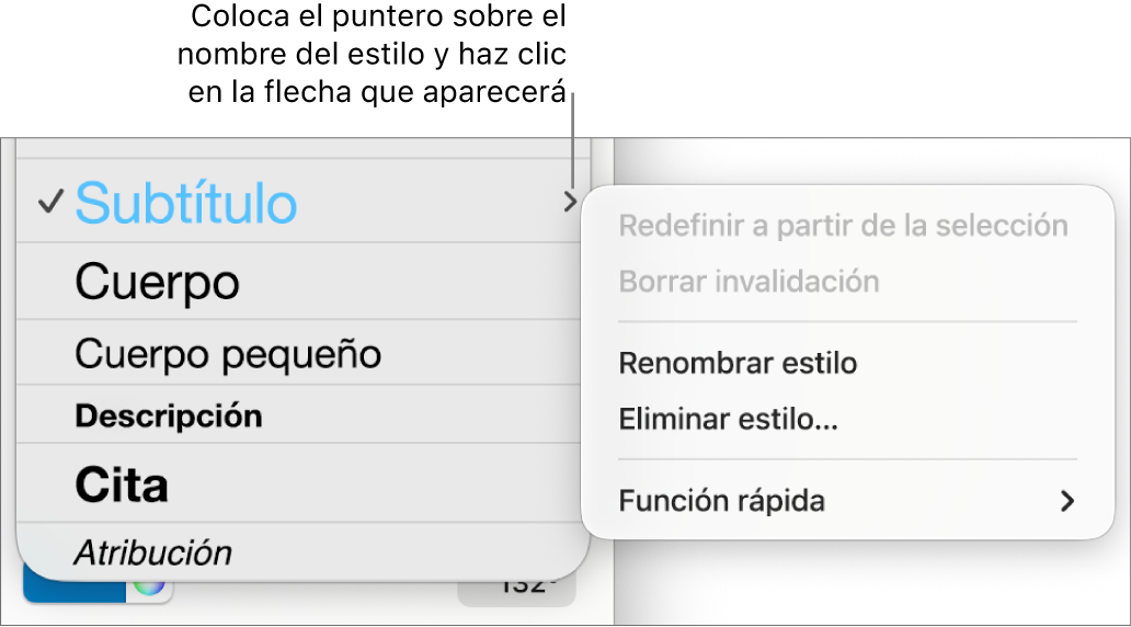 El menú de Estilos de párrafo con el menú de función rápida abierto.