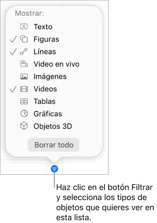 El menú desplegable Filtrar abierto, con una lista de los tipos de objeto que puedes incluir la lista (texto, formas, líneas, imágenes, videos, tablas y gráficas).