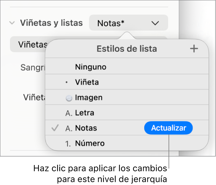 El menú desplegable Estilos de lista con el botón Actualizar junto al nombre del nuevo estilo.