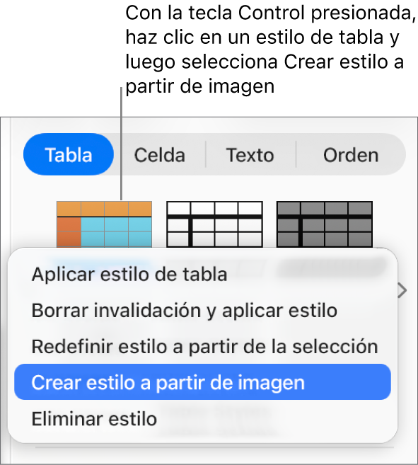 El menú de funciones rápidas de estilo de tabla.