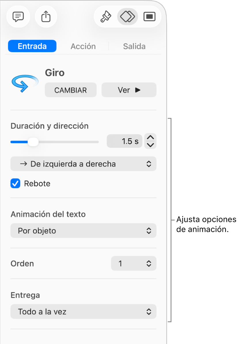 Opciones de Entrada en la sección Animación de la barra lateral.