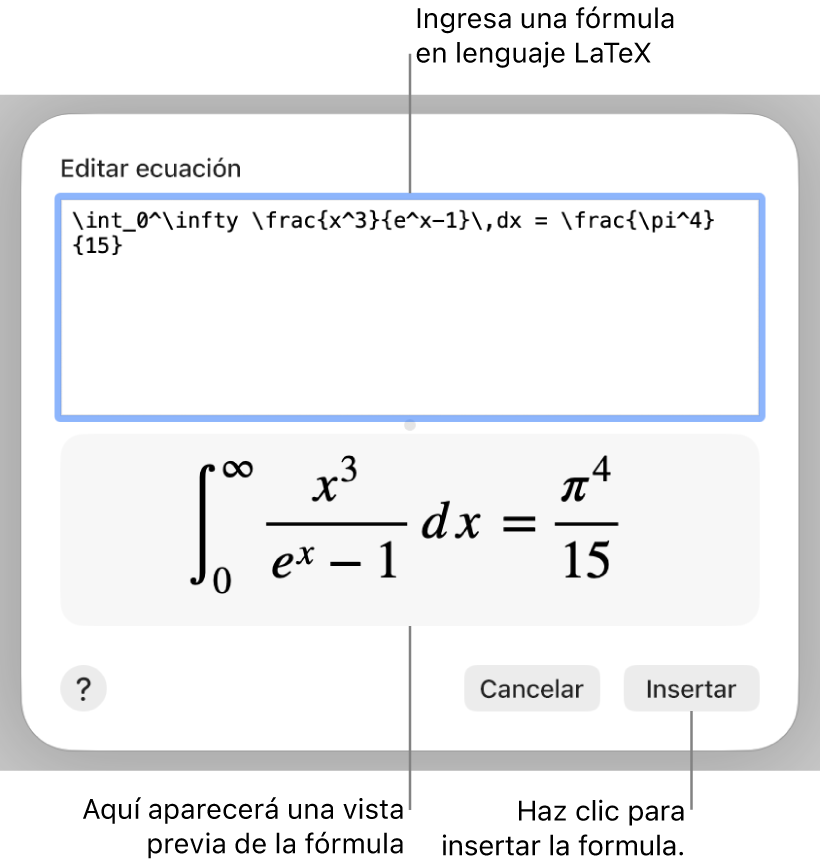La fórmula cuadrática escrita con LaTeX en el campo de ecuación y la vista previa de la fórmula a continuación.