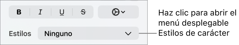 El menú desplegable Estilos de carácter debajo de los controles para cambiar el estilo y el color del texto.