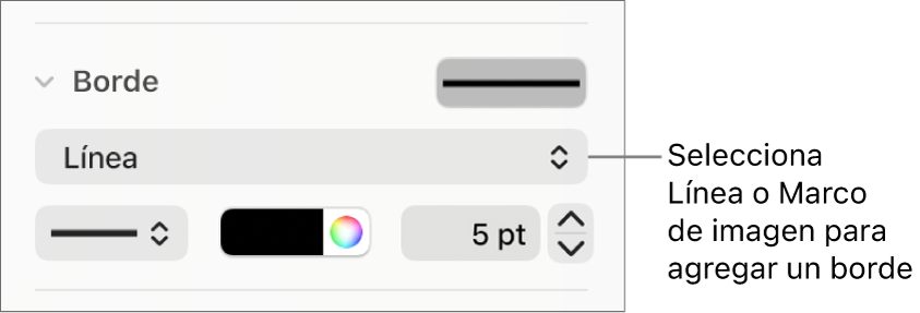 Los controles Estilo de borde en la barra lateral Formato con la opción Línea seleccionada como tipo de borde.