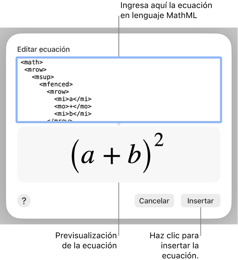 La ecuación de la pendiente de una recta en el campo Editar ecuación y la vista previa de la fórmula a continuación.