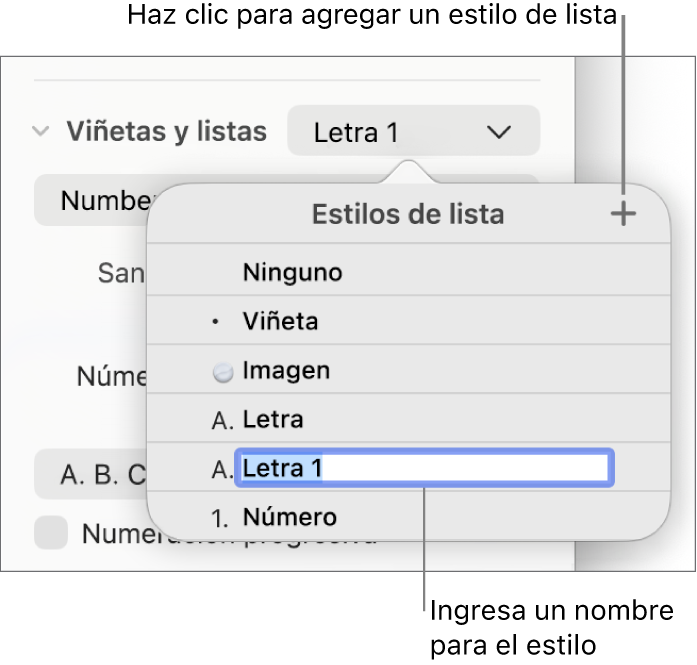 El menú desplegable Estilos de lista con el botón Agregar en la esquina superior derecha y un nombre de estilo de marcador de posición con su texto seleccionado.