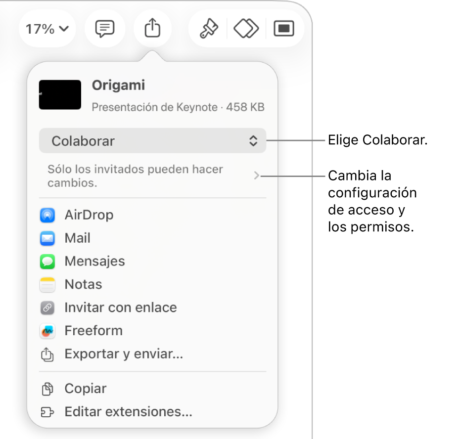 El menú Compartir con la opción Colaborar seleccionada en la parte superior, y la configuración de acceso y permisos debajo.