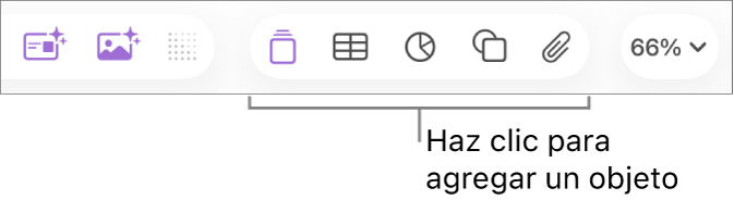 La barra de herramientas de Keynote con los botones Tabla, Gráfica, Texto, Figura y Contenido.