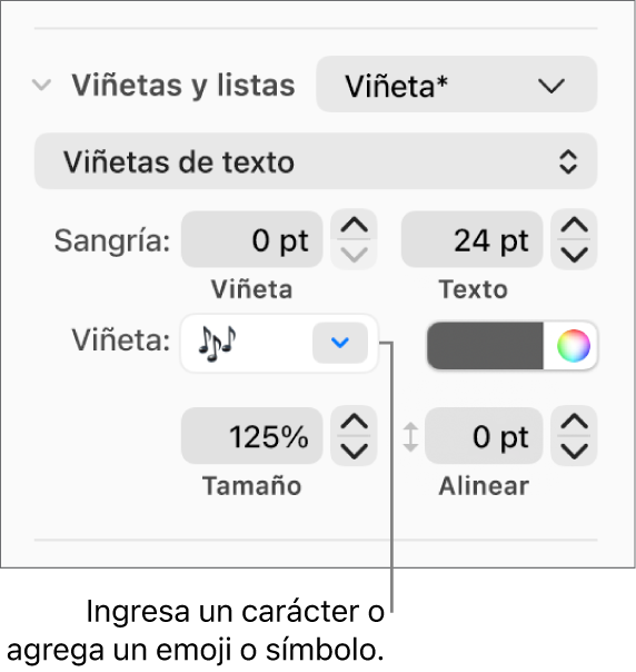 La sección Viñetas y listas de la barra lateral Formato. El campo Viñetas muestra un emoji de flor.