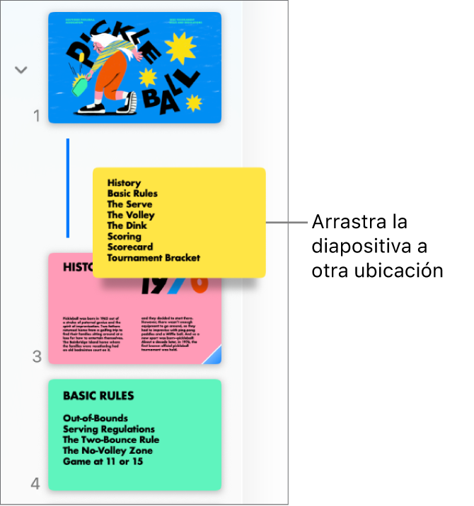 El navegador de diapositivas con la miniatura de una diapositiva que se reordenó y una línea a la izquierda.